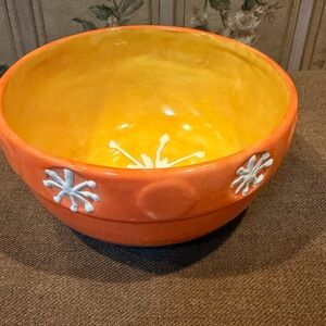 Orange Ceramic Bowl with White Floral Design